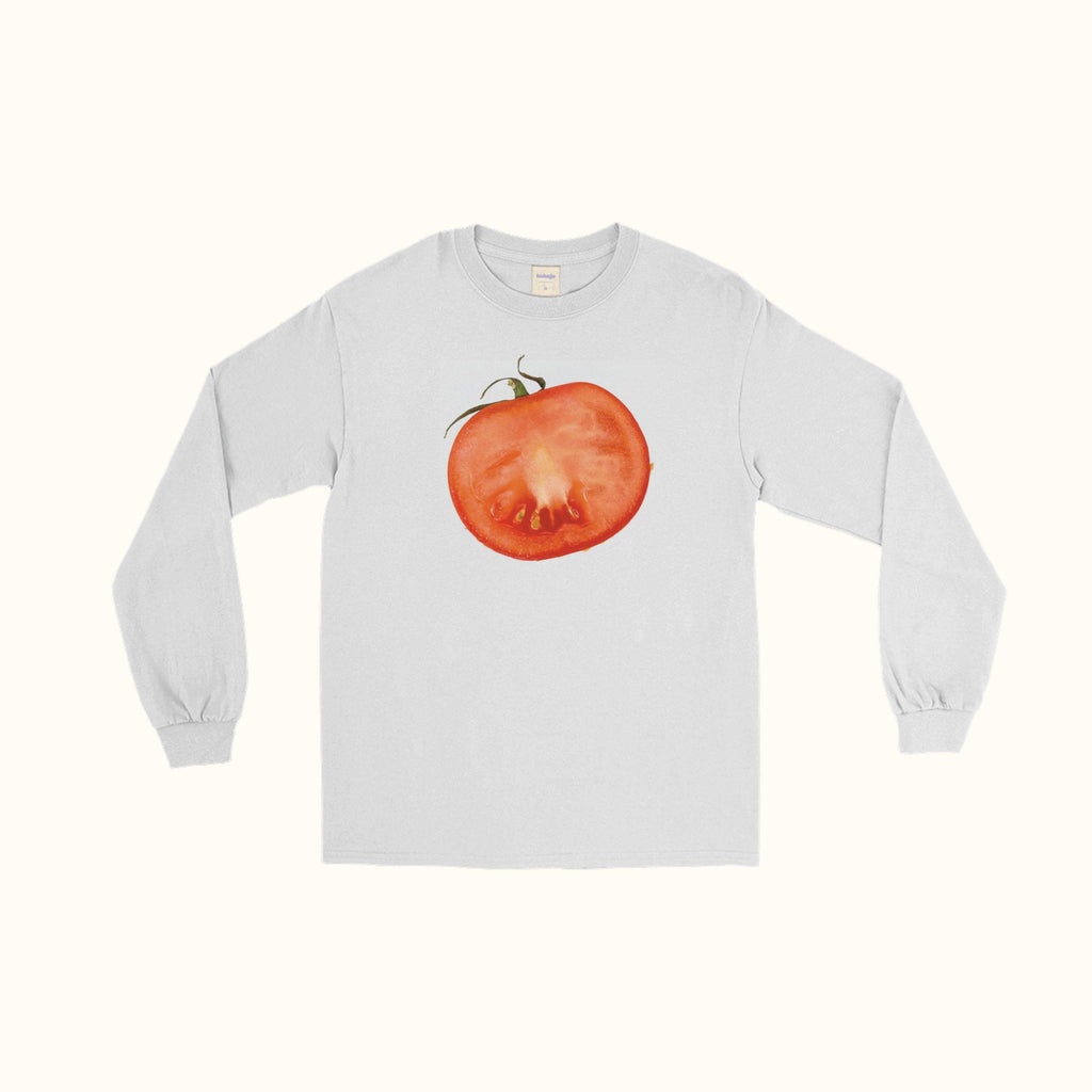 White long-sleeve T-shirt with tomato slice graphic on the front