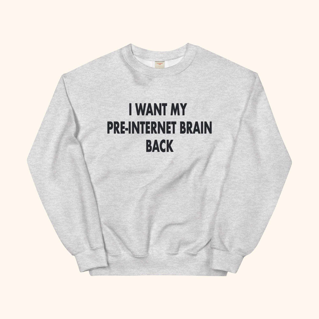Gray sweatshirt with bold 'I WANT MY PRE-INTERNET BRAIN BACK' text on front