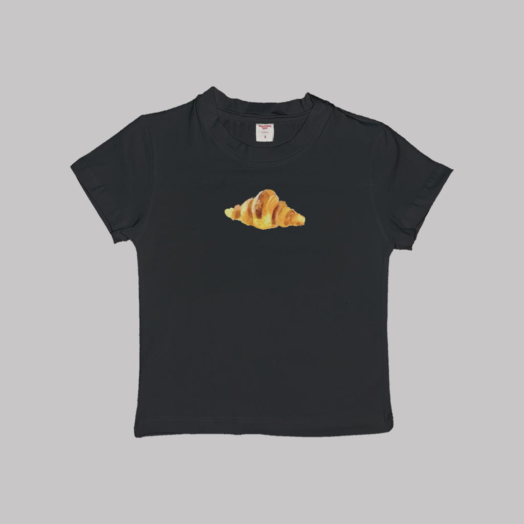 Schwarzes Baby-T-Shirt mit Croissant-Wasserfarben-Print auf der Vorderseite