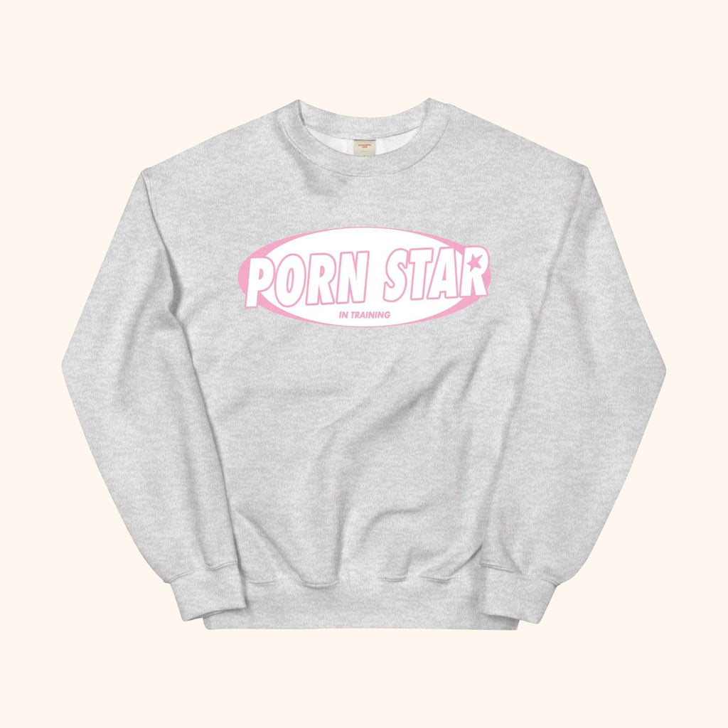 Gray sweatshirt with “PORN STAR” oval graphic on the chest