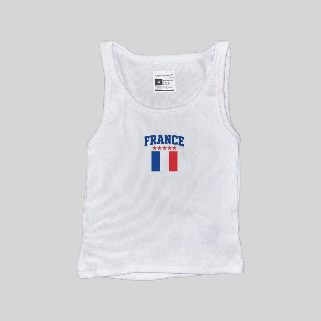 White ribbed muscle tank with centered “FRANCE” and tricolor flag print