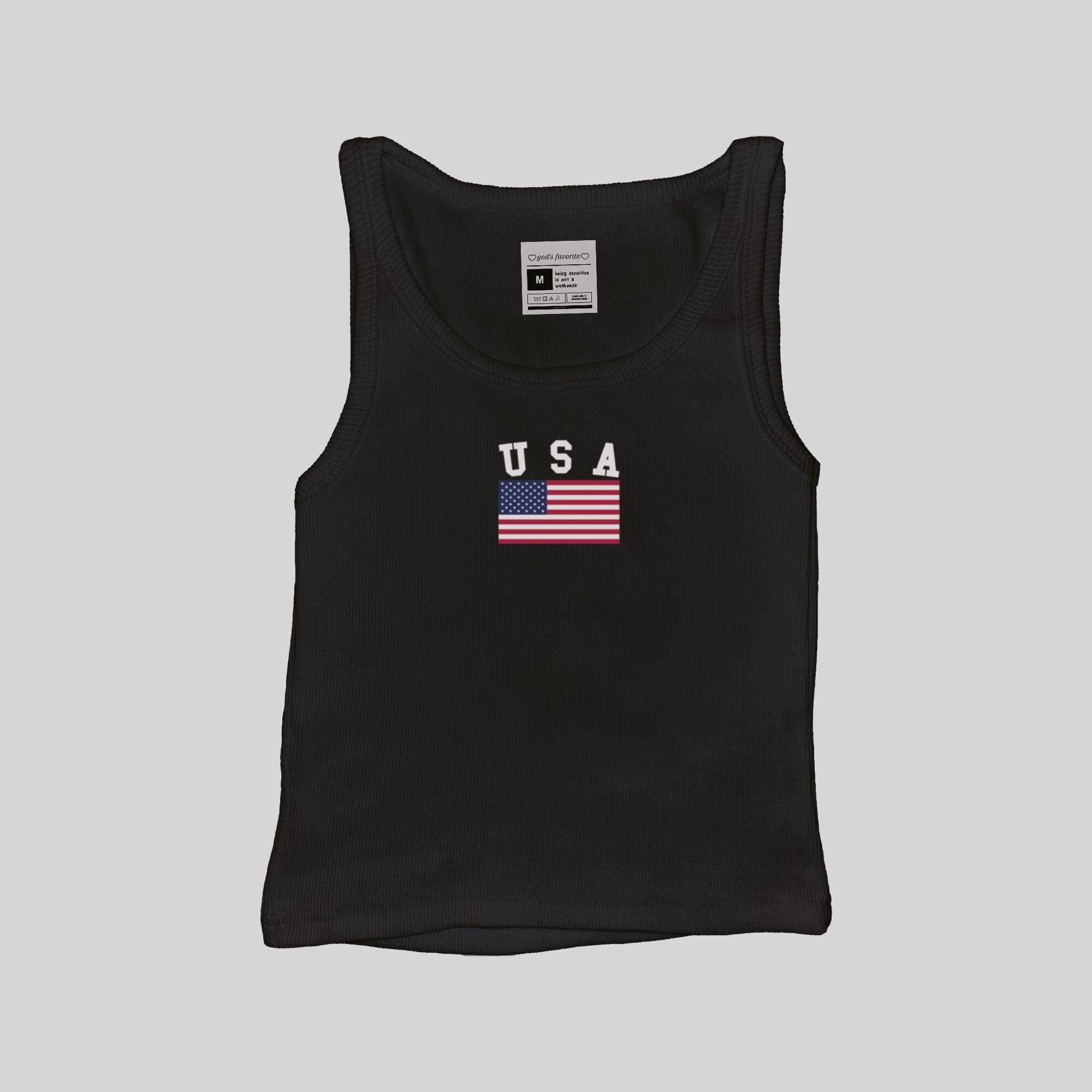 USA Flag ribbed muscle tank top, black, scoop neck, USA flag logo