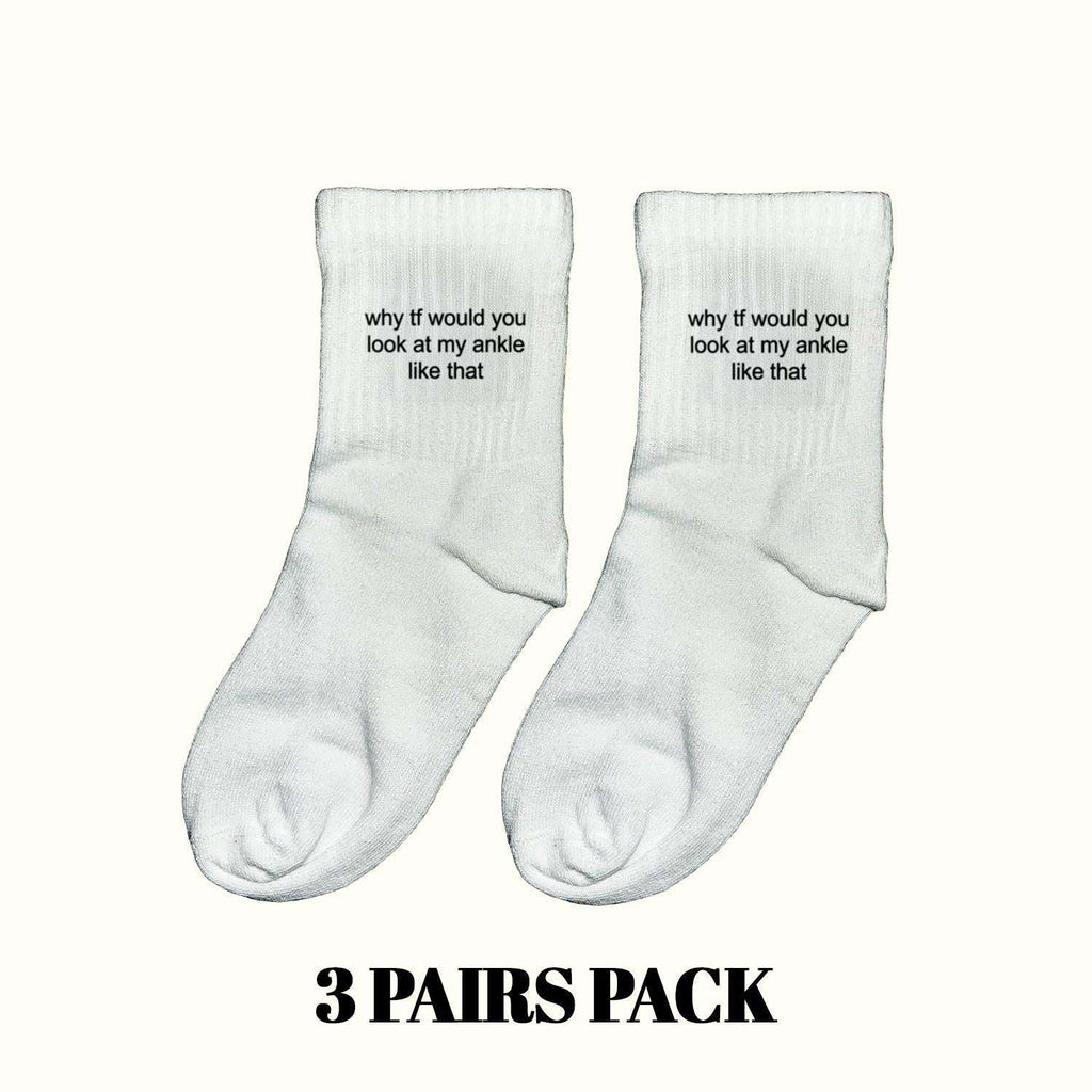 Light gray ankle socks, printed slogan on cuff, 3-pack pair view