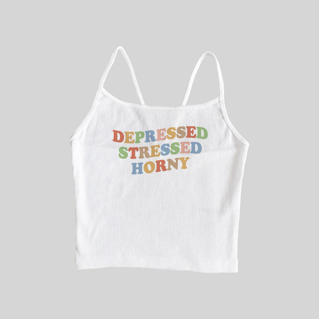 Top corto de tirantes Depressed Stressed Horny Ribbed Spaghetti