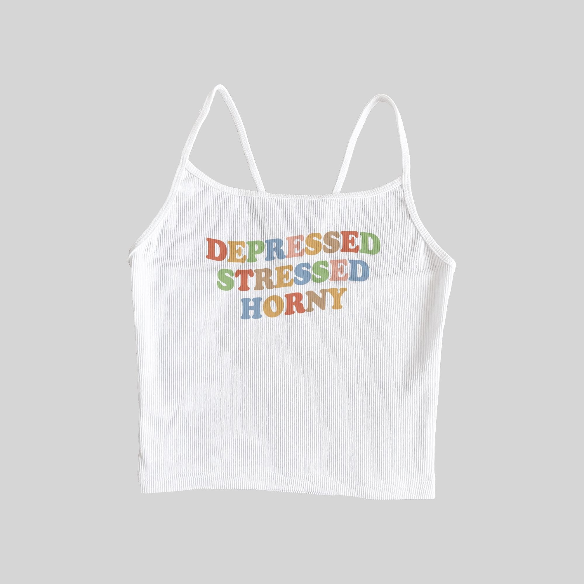 Top corto de tirantes Depressed Stressed Horny Ribbed Spaghetti