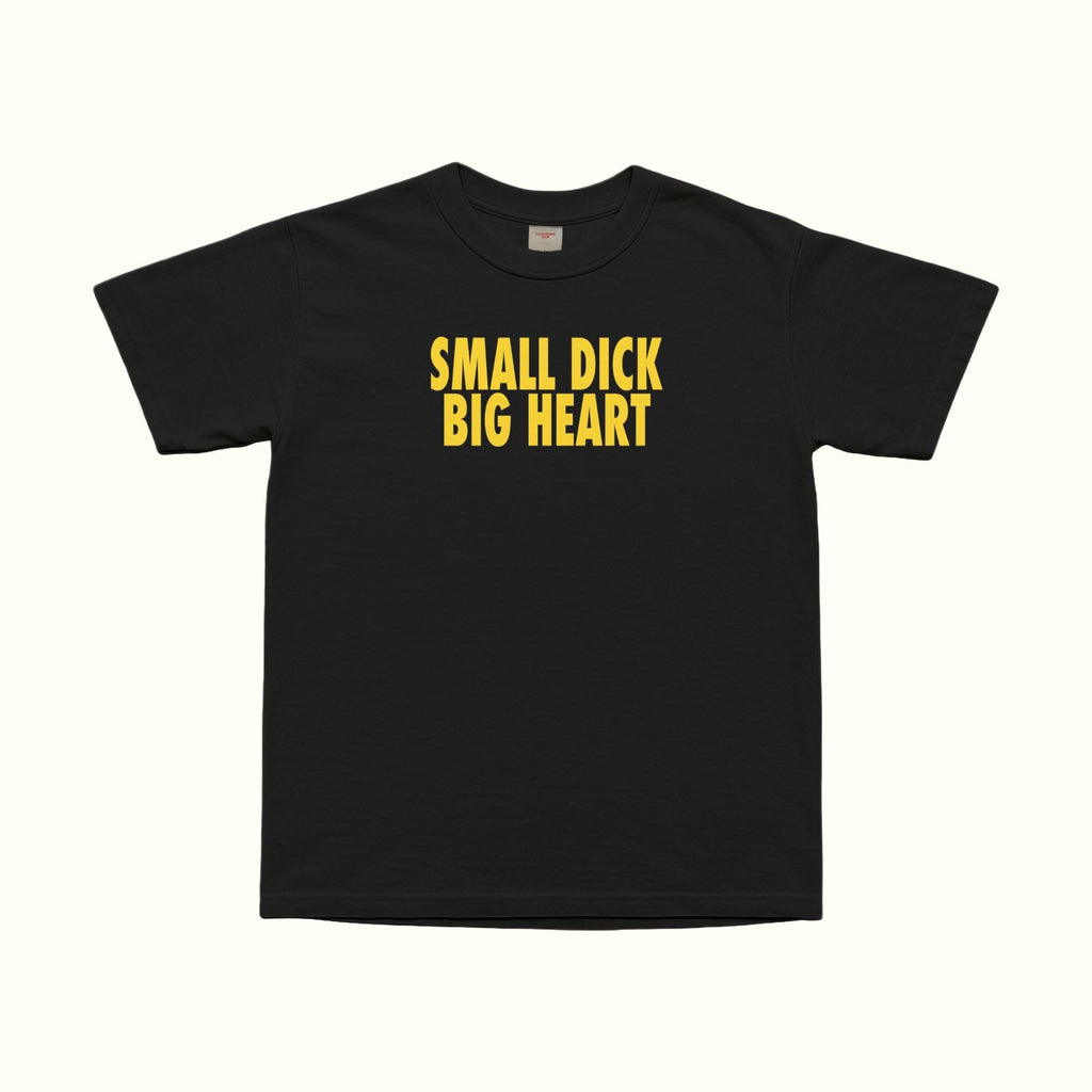 Black Small Dick Big Heart T-Shirt with yellow and black chest text