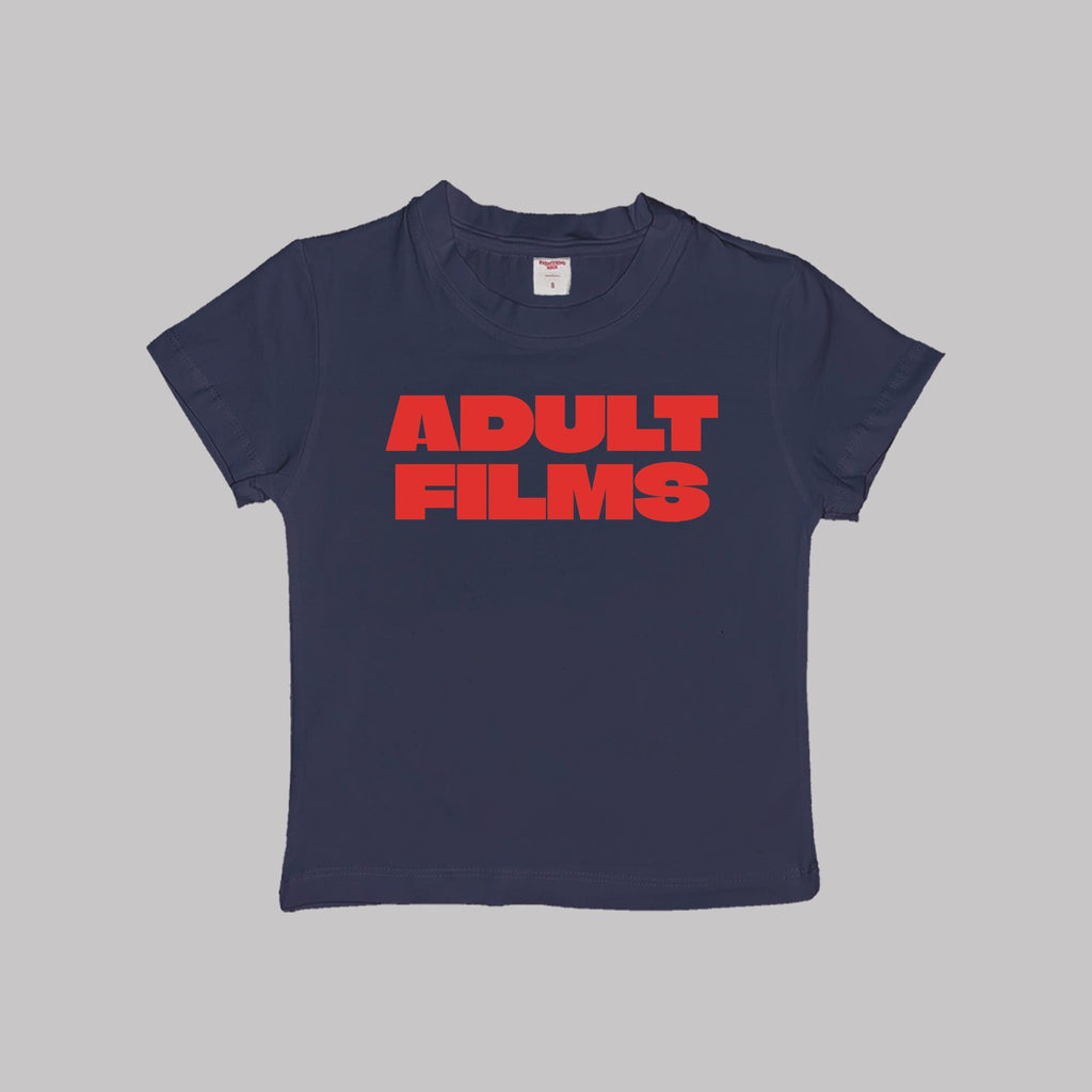 Navy baby tee crop top with red “ADULT FILMS” graphic