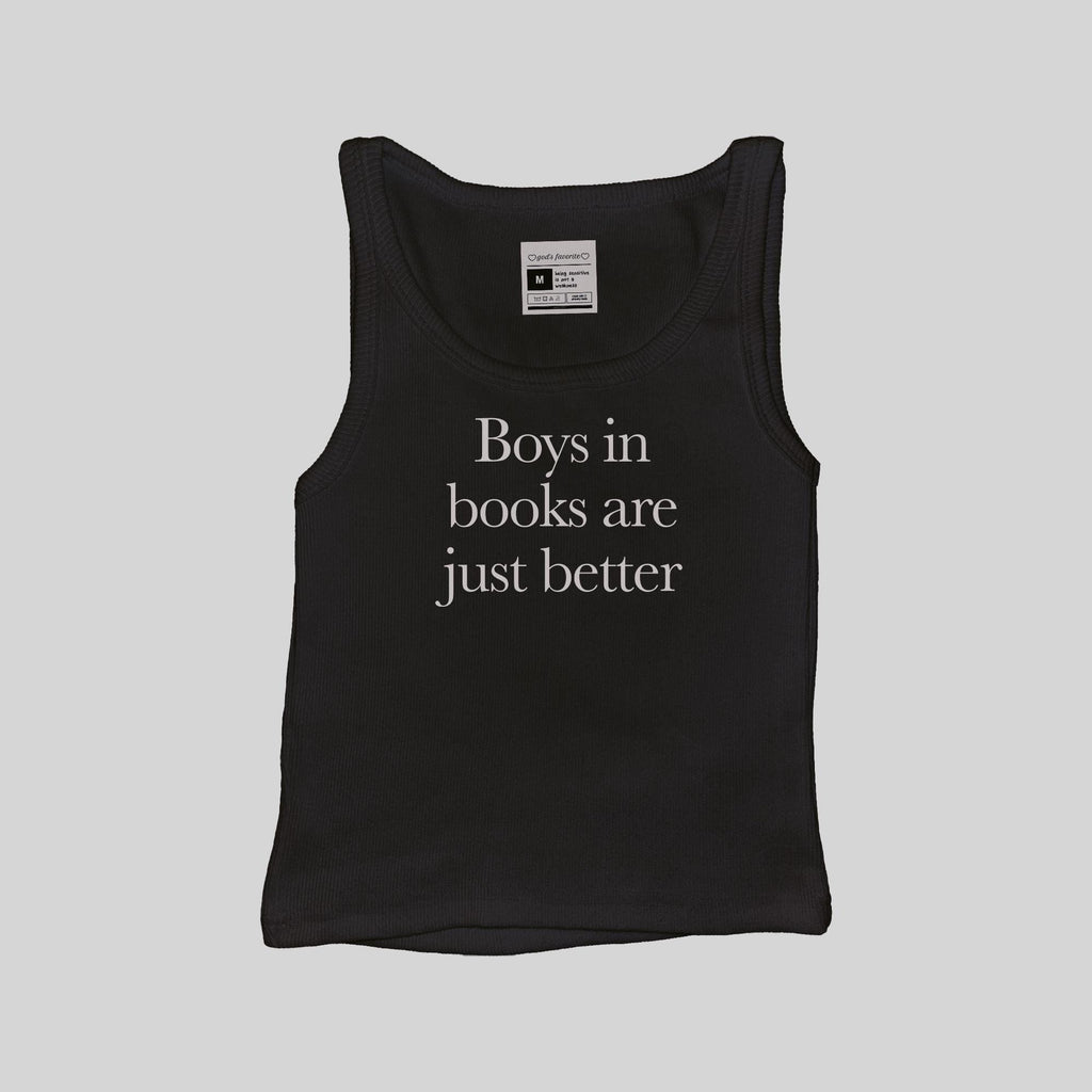 Black ribbed boys muscle tank top with 'Boys in books are just better' print
