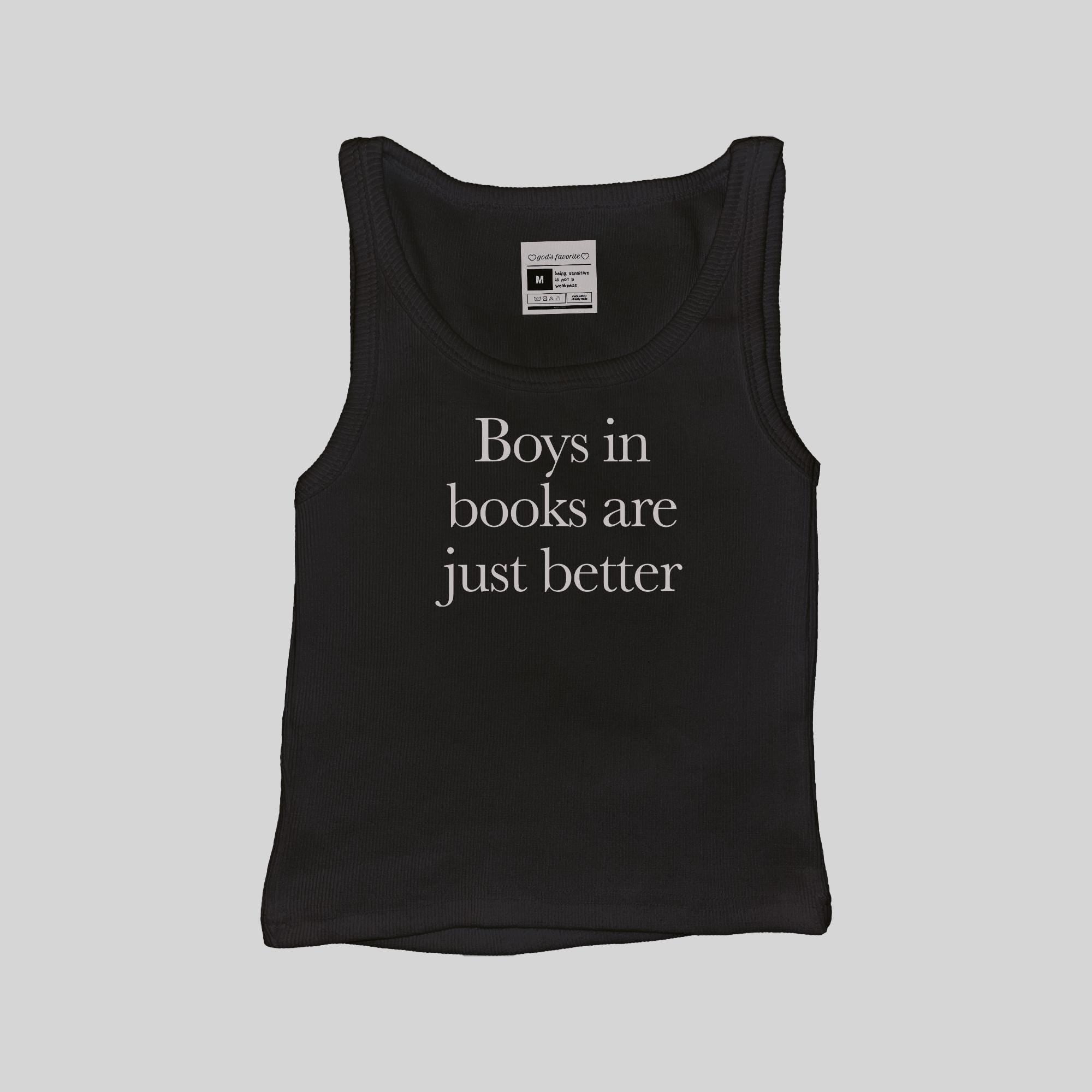 Black ribbed boys muscle tank top with 'Boys in books are just better' print