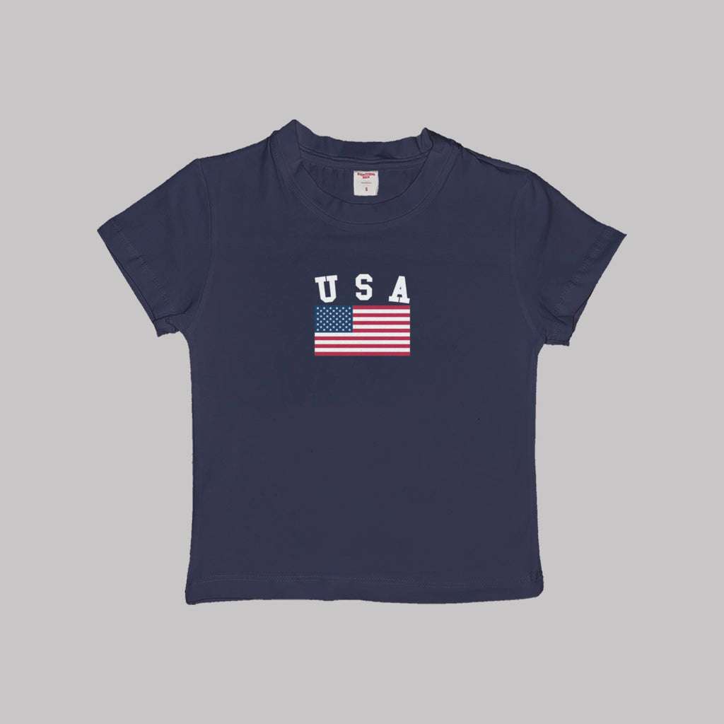 Navy baby crop tee with USA flag and USA lettering graphic