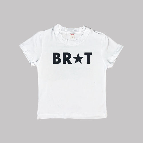 White Brat baby crop top shirt with crew neck and BRAT star logo