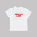 White crop baby tee with crew neck and red “FREQUENTLY HAPPY” graphic