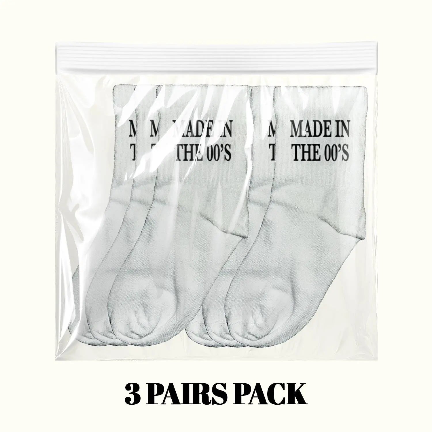 Light gray crew socks pack showing three pairs, with “MADE IN THE 00’s” text