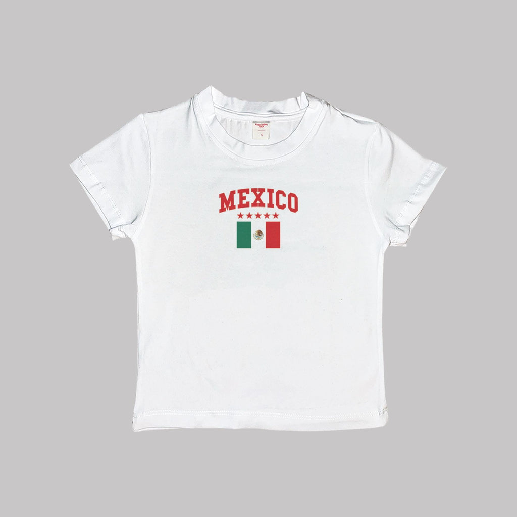 White baby crop T-shirt with “MEXICO” print and Mexico flag graphic