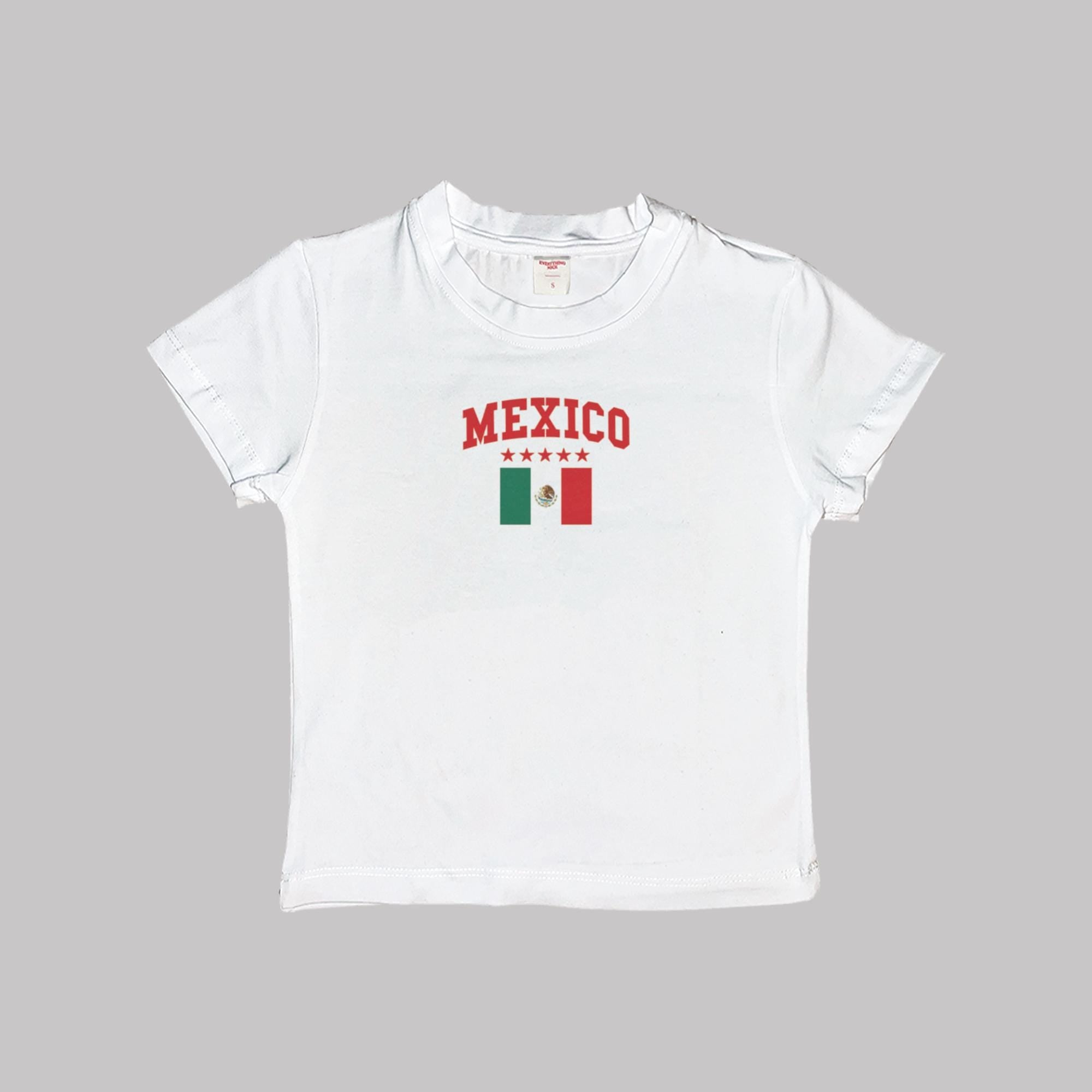 White baby crop T-shirt with “MEXICO” print and Mexico flag graphic