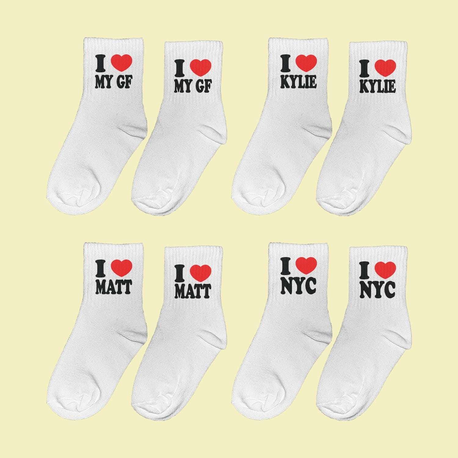 White crew socks with "I ♥" custom word text on cuffs