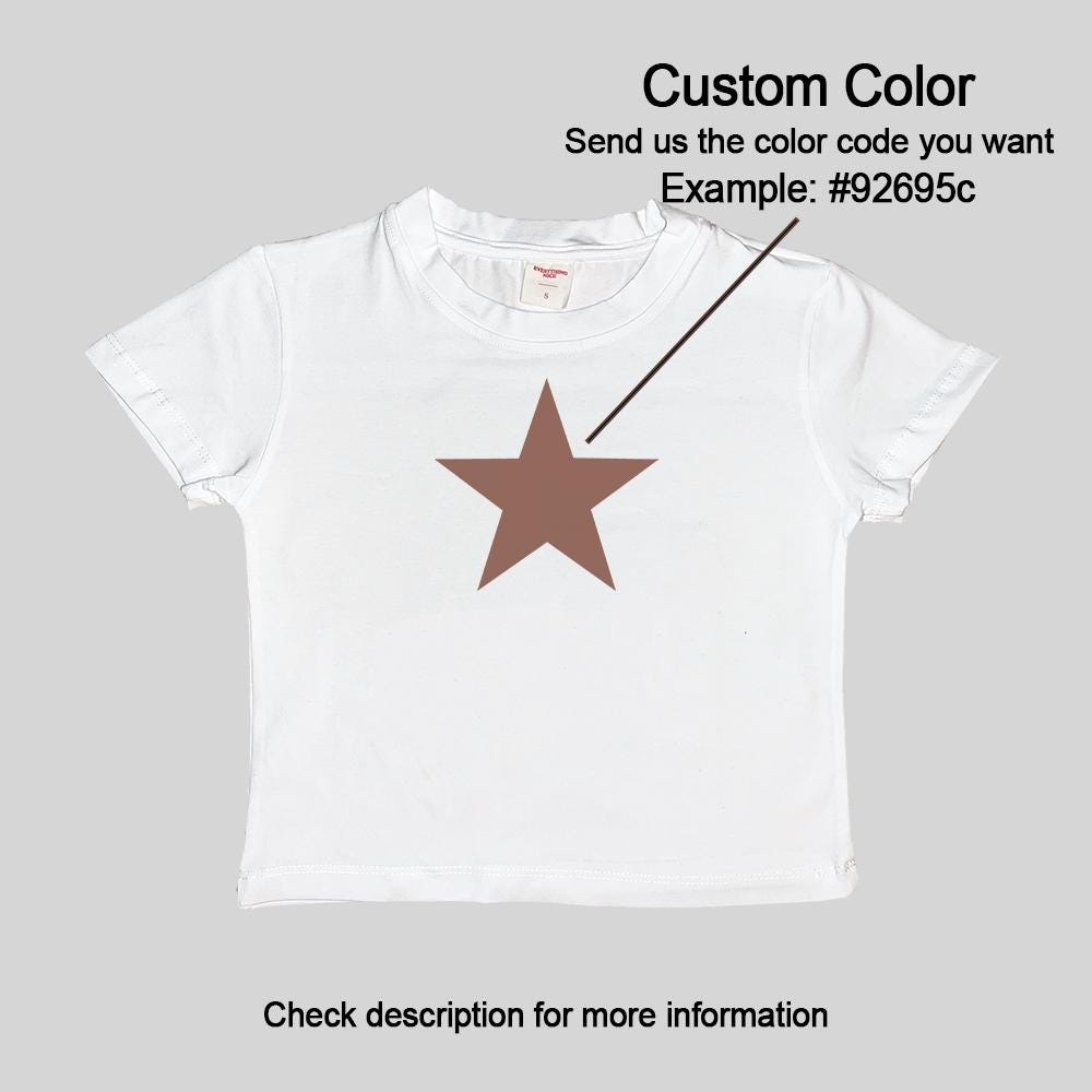 White baby T-shirt with brown star print; custom color instructions text.
