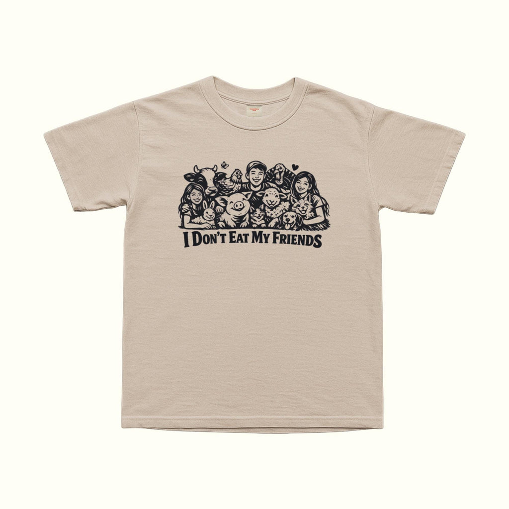 Beige T-shirt featuring “I Don’t Eat My Friends” graphic with animal characters