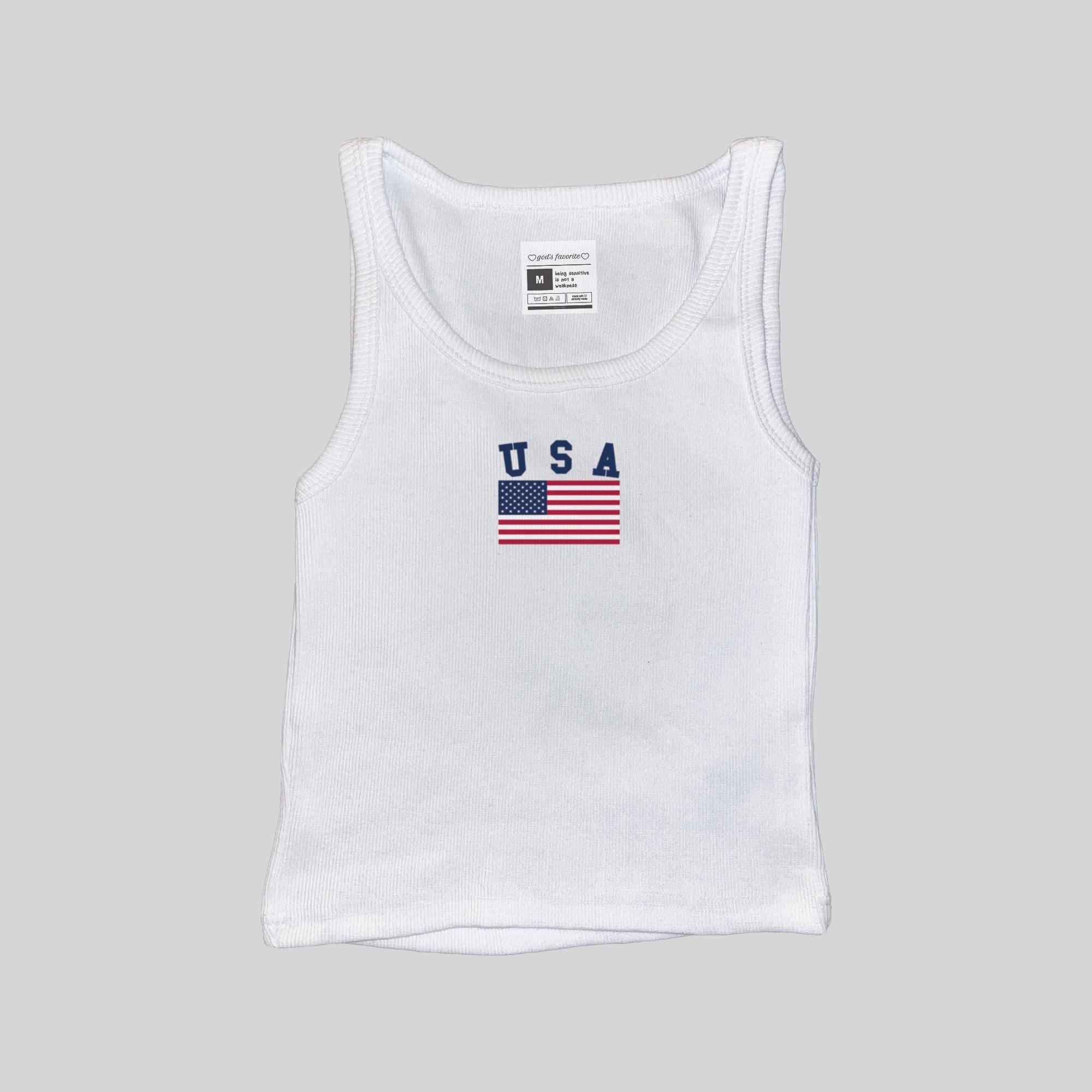 USA Flag ribbed muscle tank top, white, scoop neck, USA flag logo