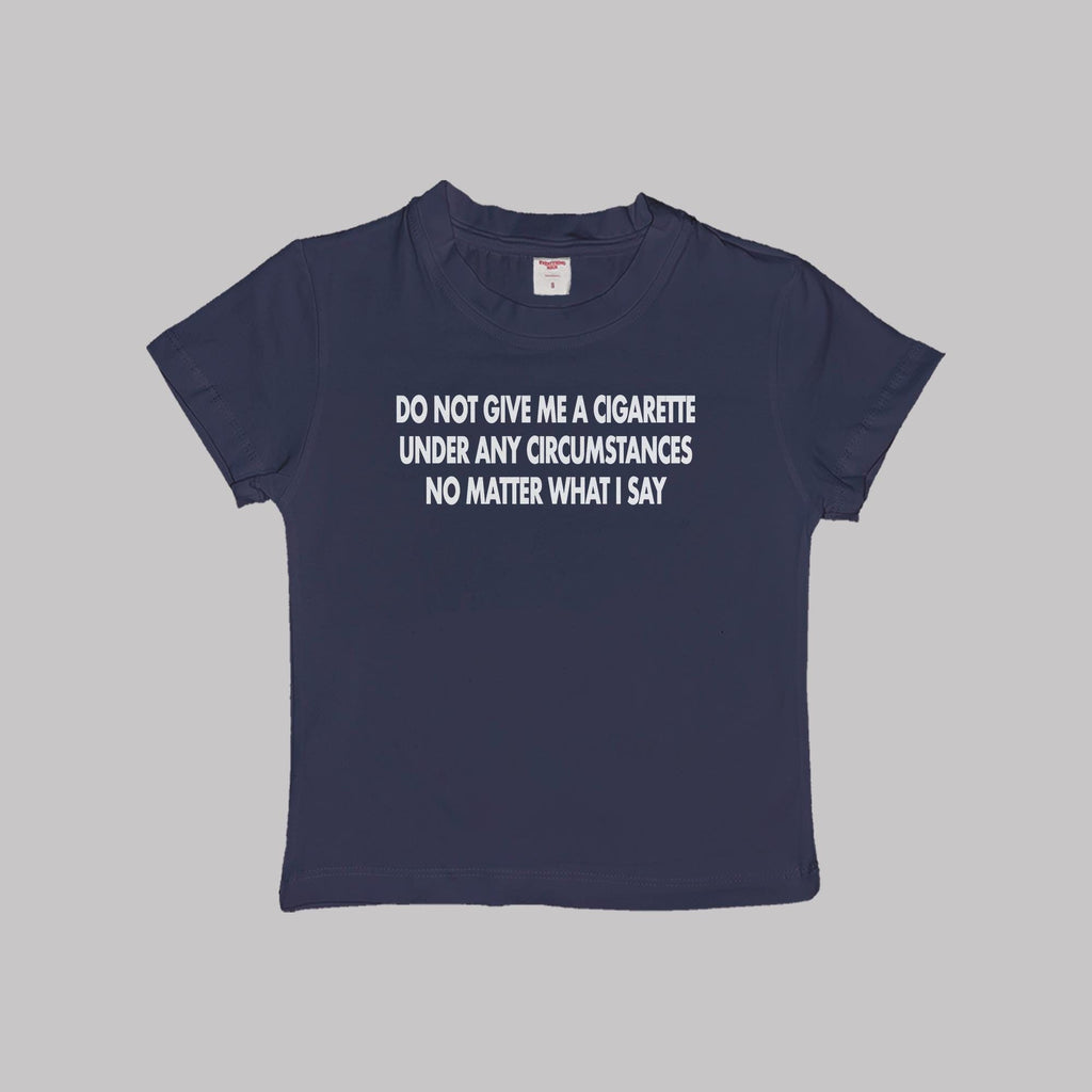 Navy short-sleeve baby tee with centered white slogan print