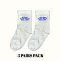 White crew socks with blue 'How do I block you in real life?' print, 3-pack