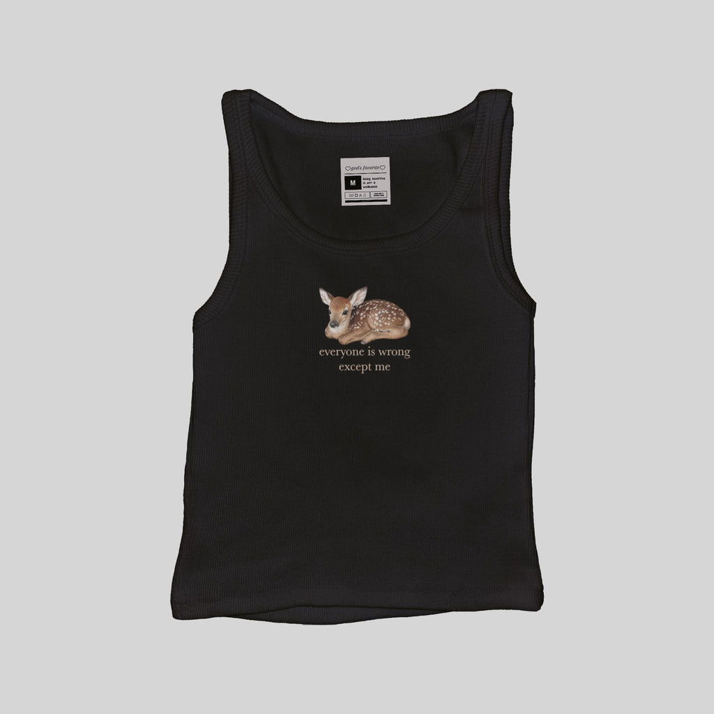 Black ribbed muscle tank, scoop neck, fawn graphic with slogan text