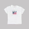 White baby crop tee with USA flag and USA letters graphic