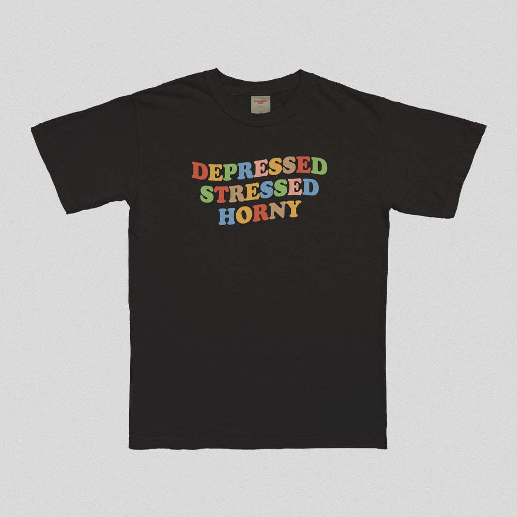Schwarzes T-Shirt mit farbigem Schriftzug „DEPRESSED STRESSED HORNY“