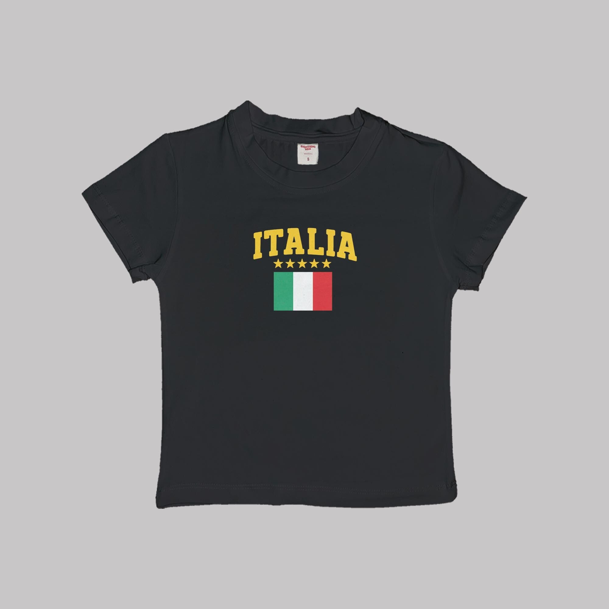 Black crop baby T-shirt with “ITALIA” text and Italian flag graphic on chest