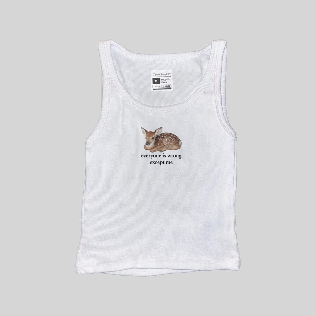White ribbed muscle tank, scoop neck, fawn graphic with slogan text