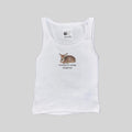 White ribbed muscle tank, scoop neck, fawn graphic with slogan text