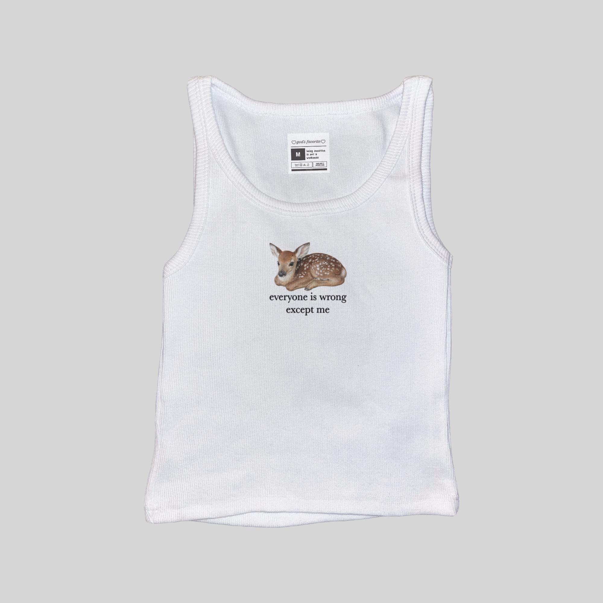 White ribbed muscle tank, scoop neck, fawn graphic with slogan text