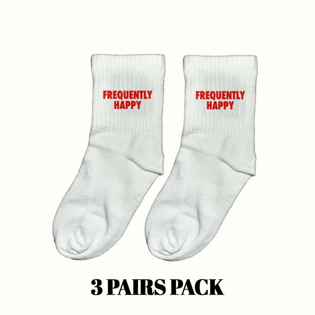 3-pack crew socks, white with red Frequently Happy logo