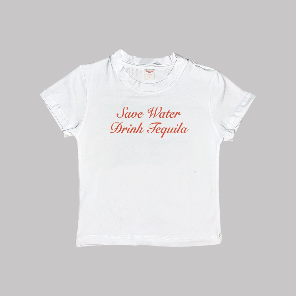 White baby tee crop top with red “Save Water Drink Tequila” printed slogan