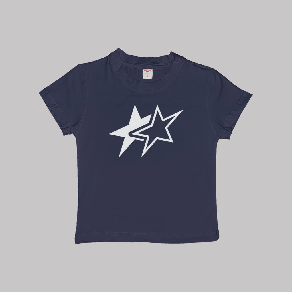 Navy baby crop tee with white star graphic and blue outline