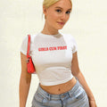 Girls white crop baby tee with red graphic lettering