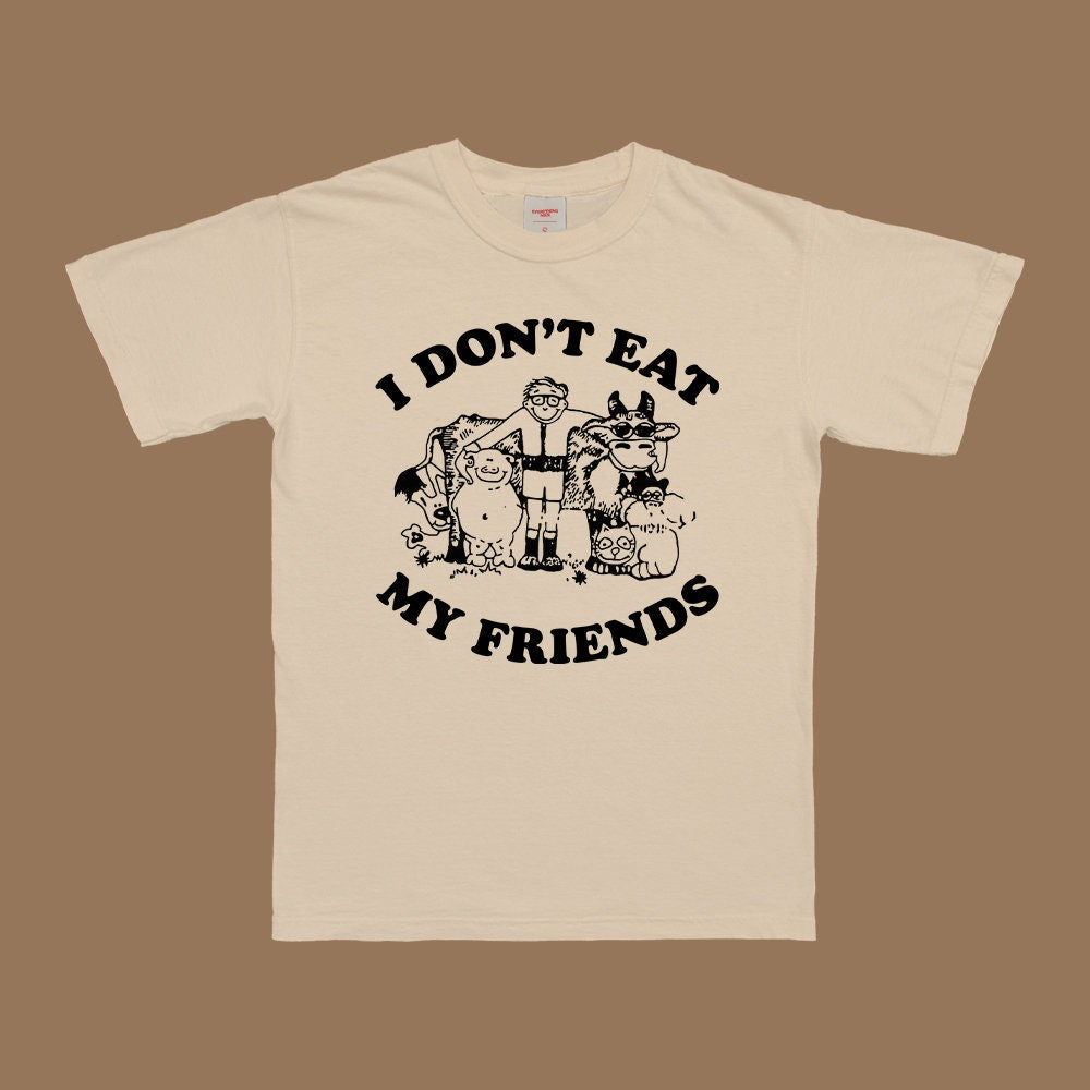 Off‑White T‑Shirt mit Frontmotiv „I DON'T EAT MY FRIENDS“ in schwarzem Druck