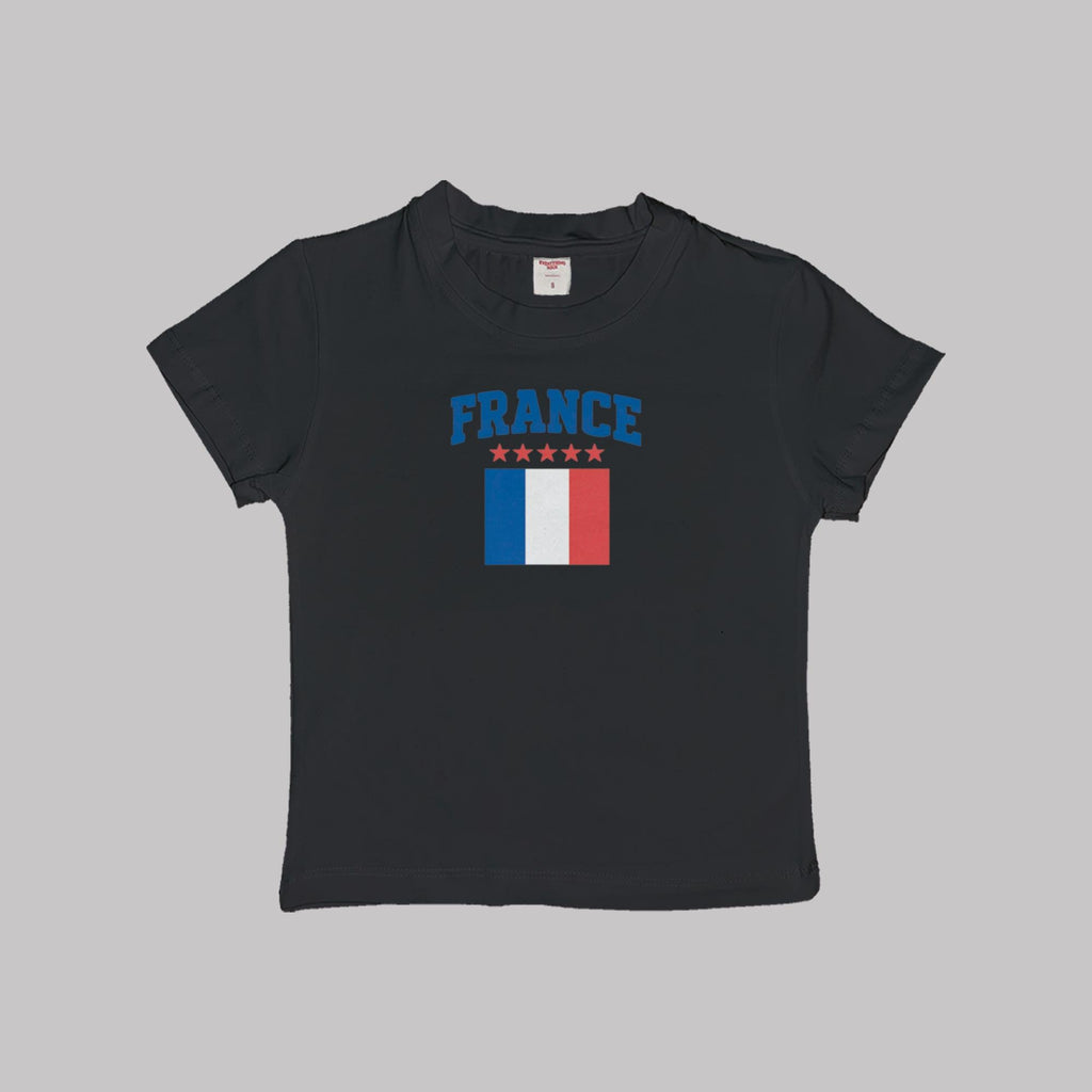France baby tee crop top, black cotton T-shirt with France stars and flag print