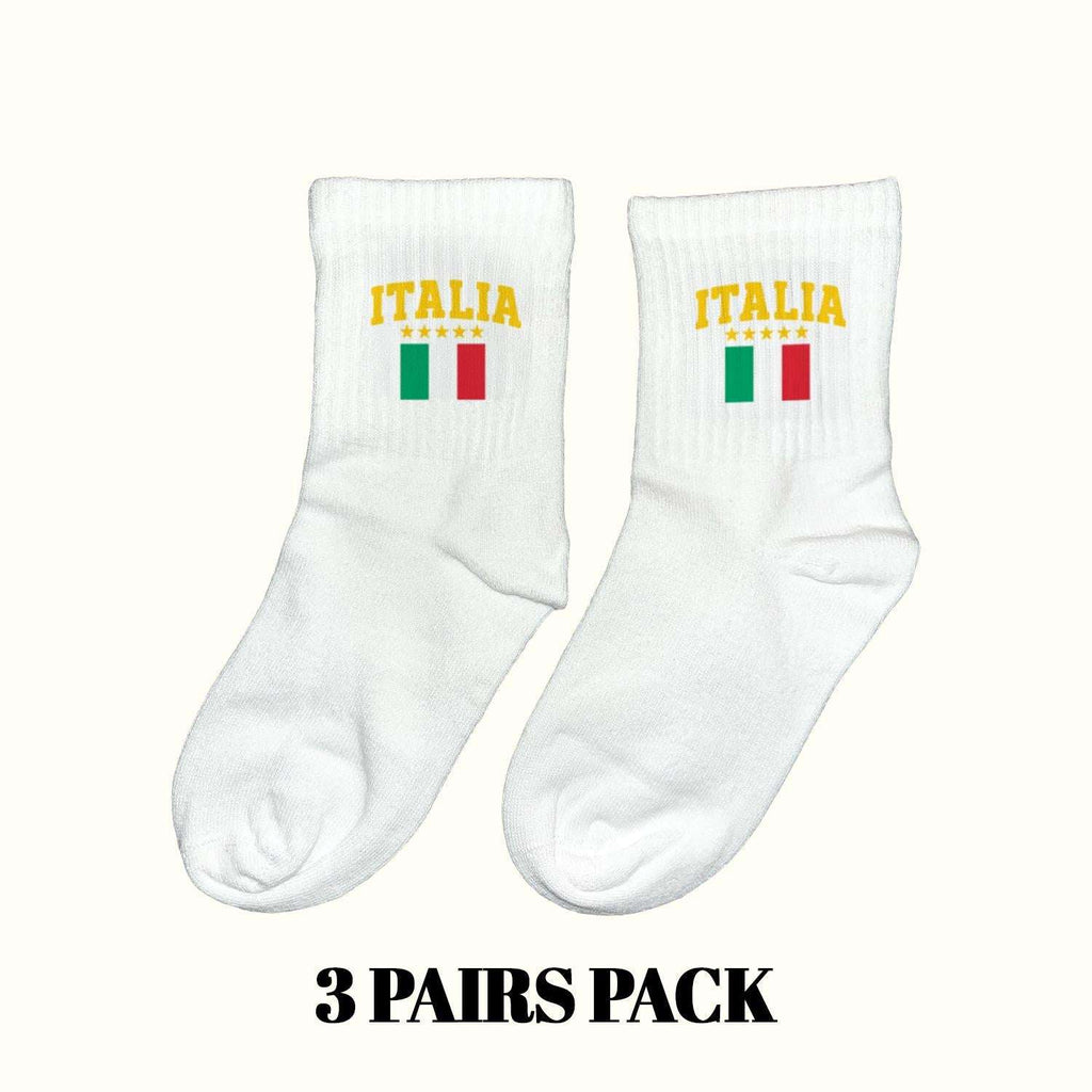 White Italia crew socks with ITALIA text and Italy flag patch