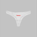 Honey thong panties, white, low-rise cut with wide waistband and center graphic