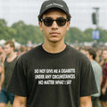 Black graphic T-shirt with white slogan text across the chest