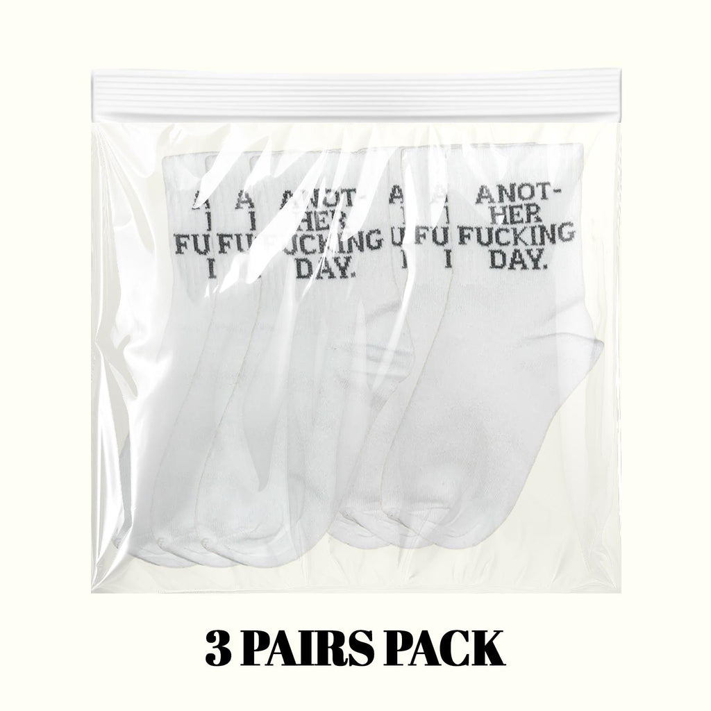 3-pack white crew socks with 'A NOT-HER FUCKING DAY' text, in clear pack