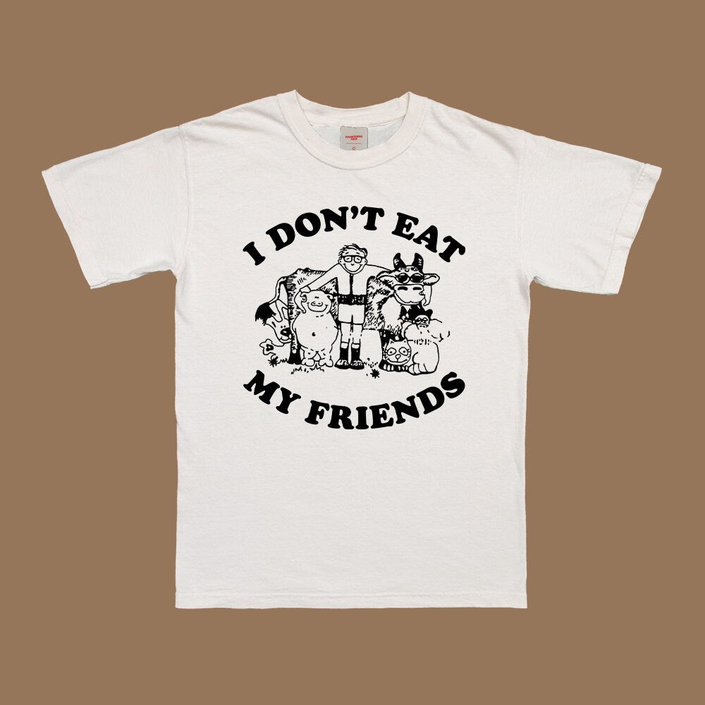 I DON'T EAT MY FRIENDS Tee, weiß, großer Frontprint mit Tierfiguren