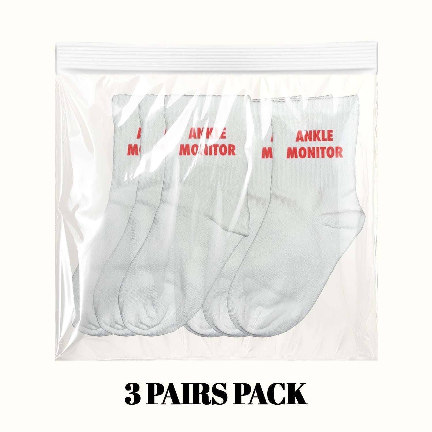 Ankle monitor socks pack of 3 pairs, white socks with red 'ANKLE MONITOR' text