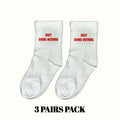Light gray crew socks with red "Busy Doing Nothing" text