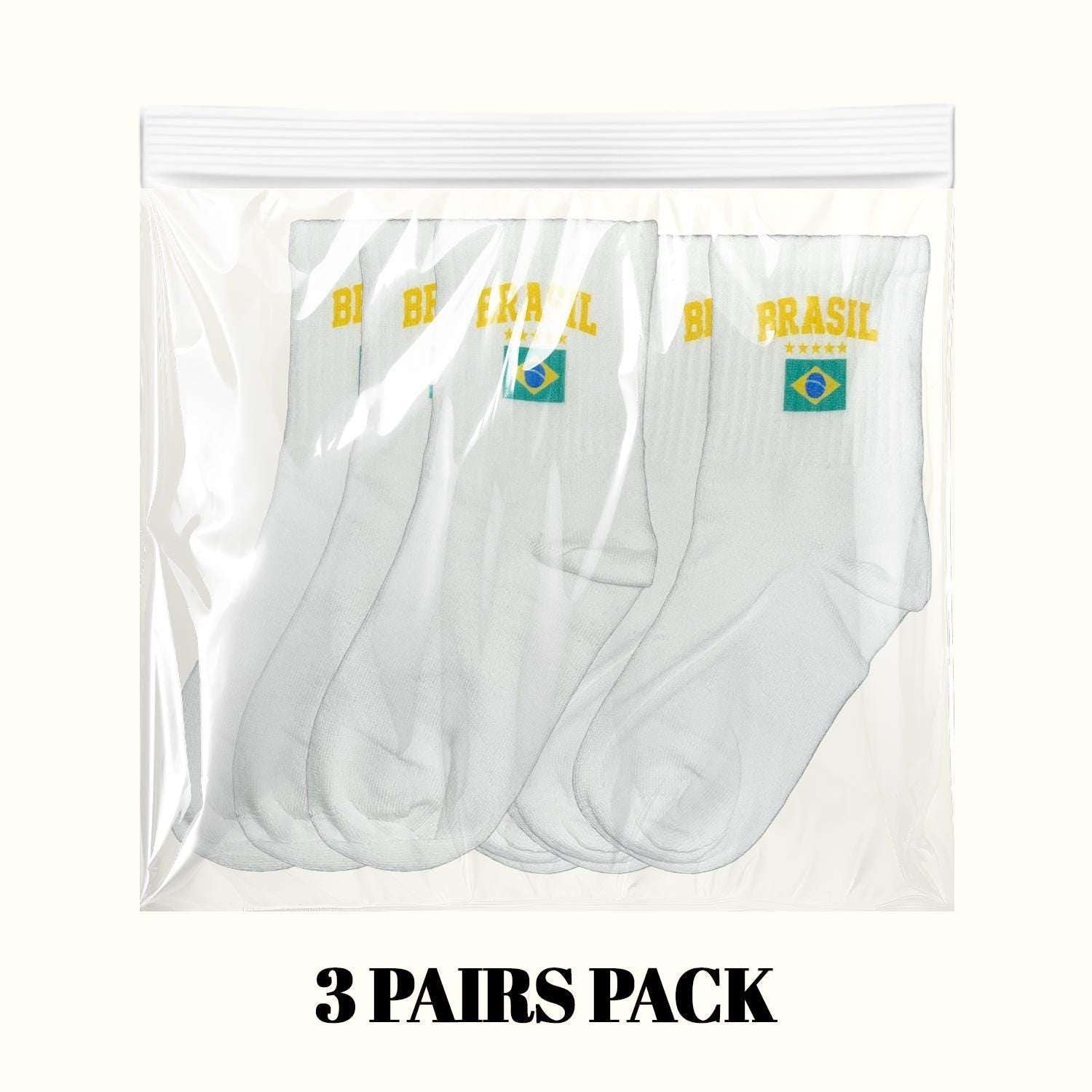 3-pack of light gray crew socks with Brazil flag graphic at the cuff