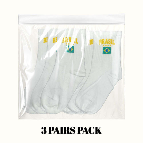 3-pack of light gray crew socks with Brazil flag graphic at the cuff