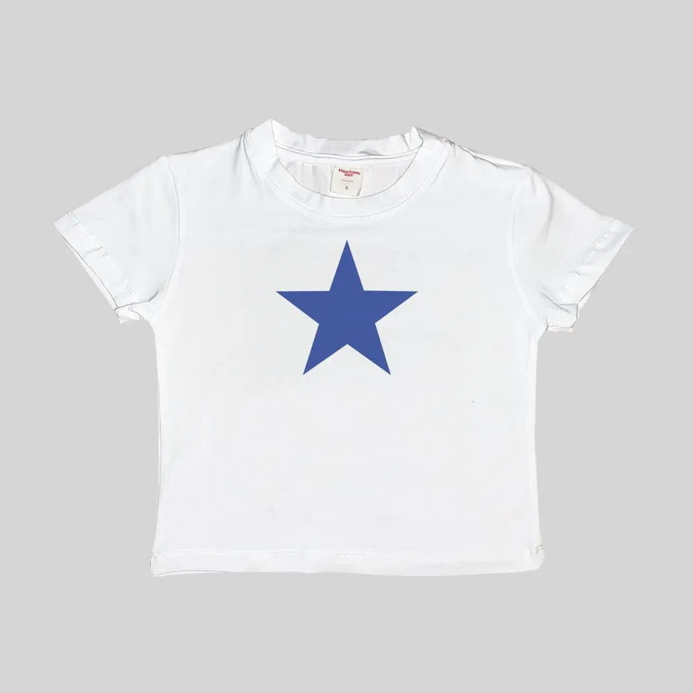 White baby tee with blue star graphic