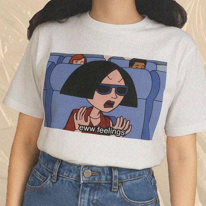 Unisex white T-shirt with front illustrated face graphic and 'Eww feelings' text