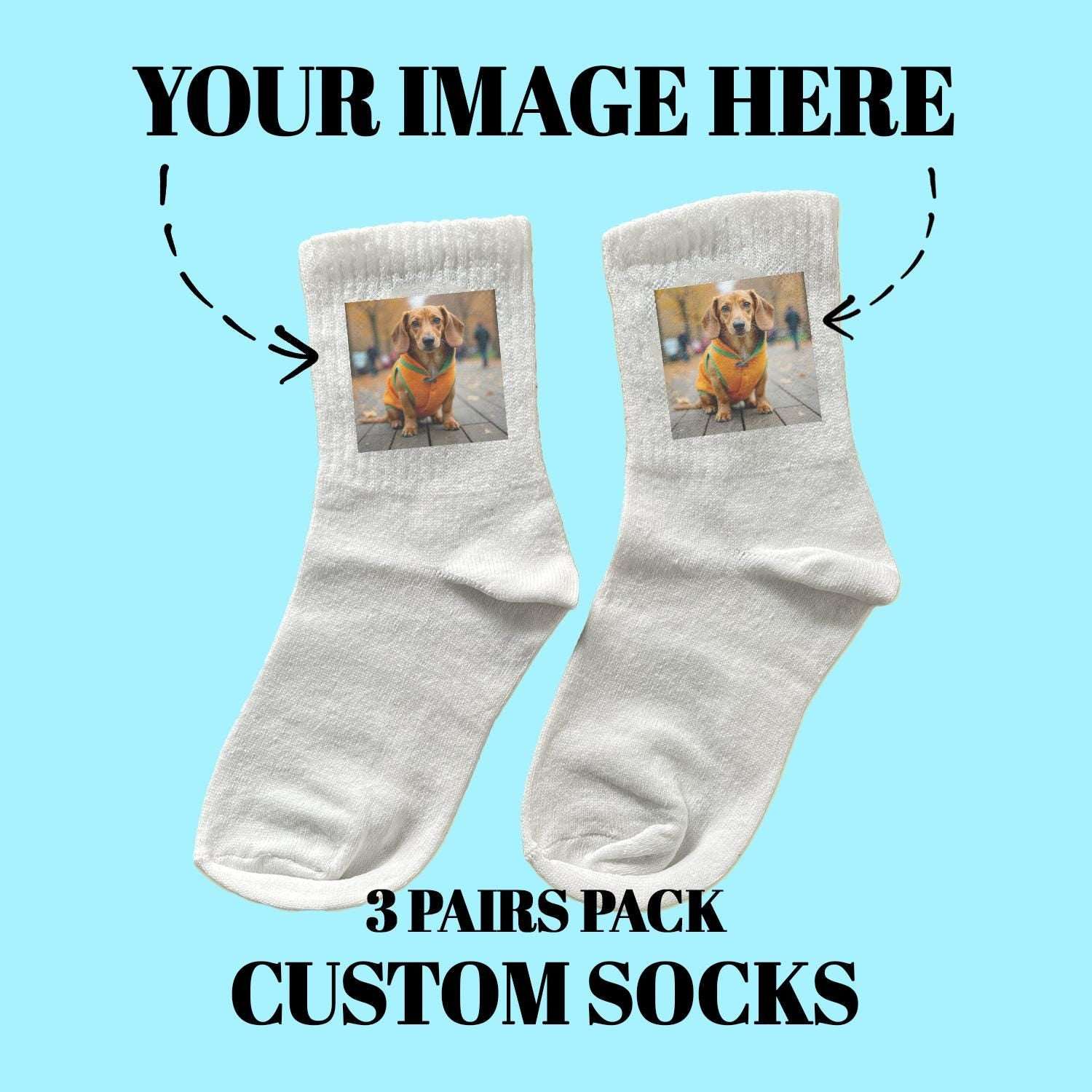 Custom photo socks, light gray pair with square image print of a dog in orange